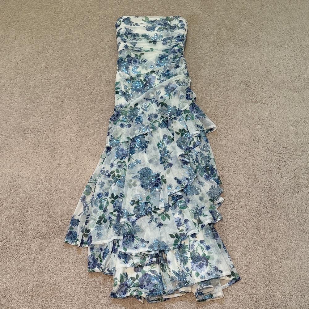 Emerald Sundae Strapless Blue and White Floral Ruffle Maxi Dress